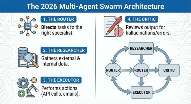 Diagram of a multi-agent system showing specialized roles for business operations.