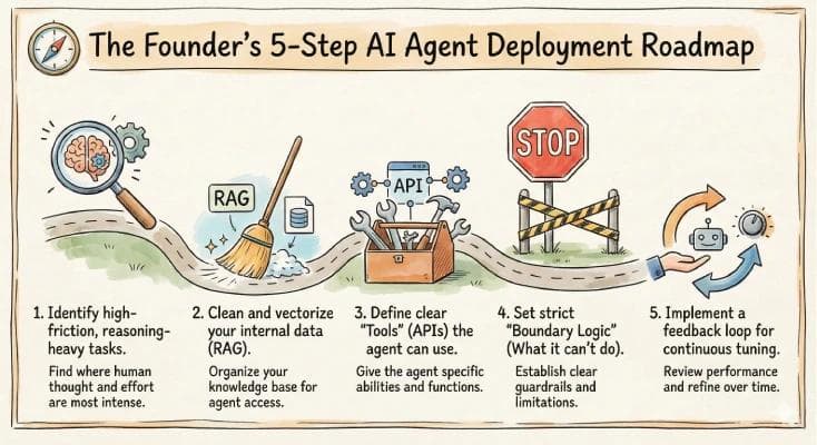 Step-by-step roadmap for founders to implement AI agents effectively.