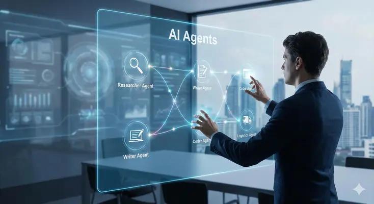 A human manager in a futuristic office orchestrating a network of autonomous Agentic AI systems on a large transparent screen.